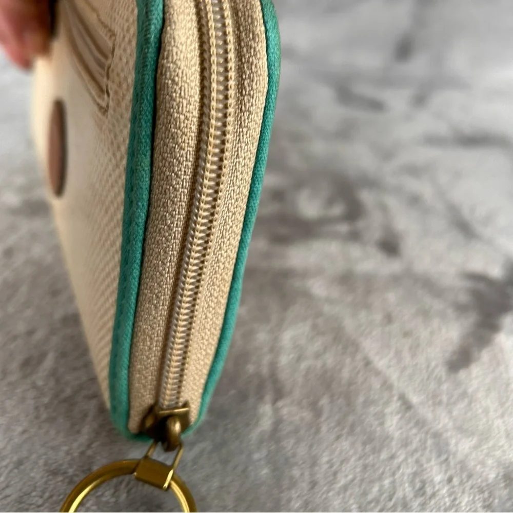 Fossil Zip‎ Around Woven Canvas Wallet Polka Dots Beige Tan With Turquoise Flaws